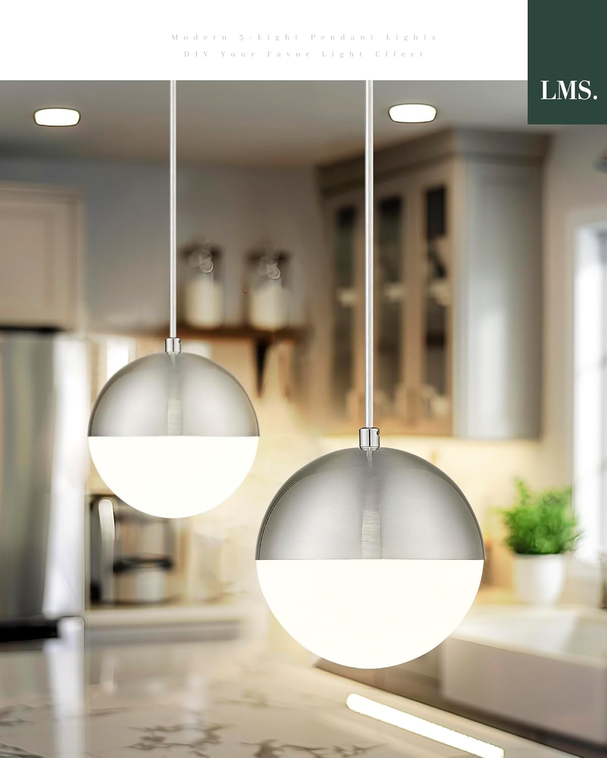 LMS Mid Century Pendant Lights, Brushed Nickel Kitchen Island Light Fixtures with White Globe Glass Shade, Adjustable Hanging Cord, 2-Pack for Home Office Dining Room Bathroom, LMS-186PL-BNWS2PK