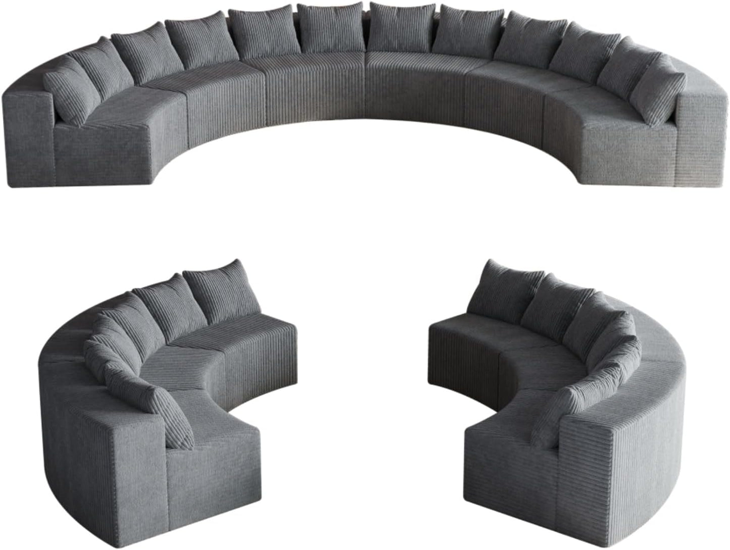KEIKI Corduroy Curved Sectional Sofa, 6 Seater Symmetrical Modular Semi Circular Couch, Tufted Deep Seat Corner Sofa for Living Room, Lobby, Gray