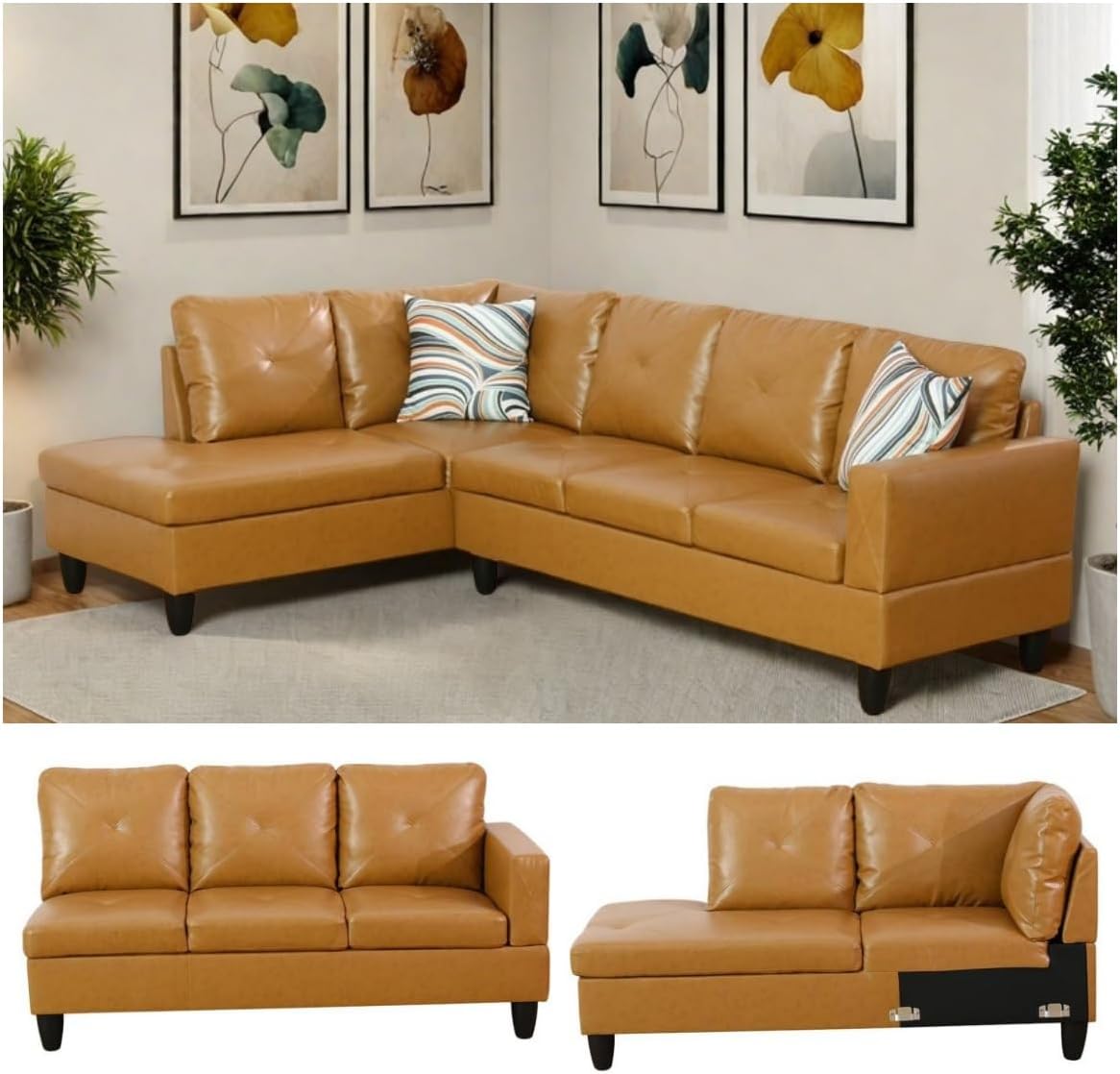 NAYSAYE L Shaped Couch, Leather Modular Sectional Couch with Ottoman Storage, Modern Lounge Sofa Convertible Sectional Couches for Living Room, Apartment, Ginger