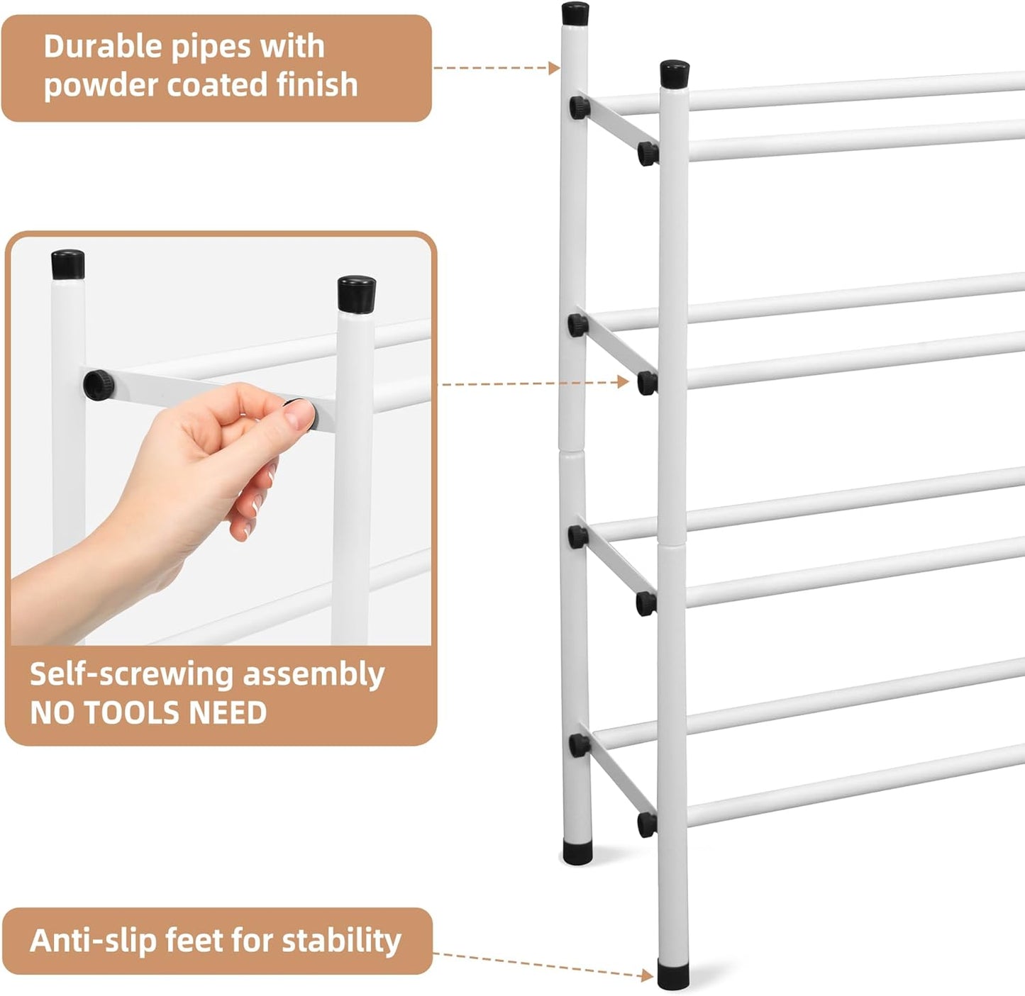 STORAGE MANIAC Expandable Shoe Rack, 16 Pairs Stackable Small Shoe Rack, Metal Adjustable Shoes Organizer for Closet, Entryway, Hallway, Garage, Front Door, Shoes Shelves, White 4 Tier