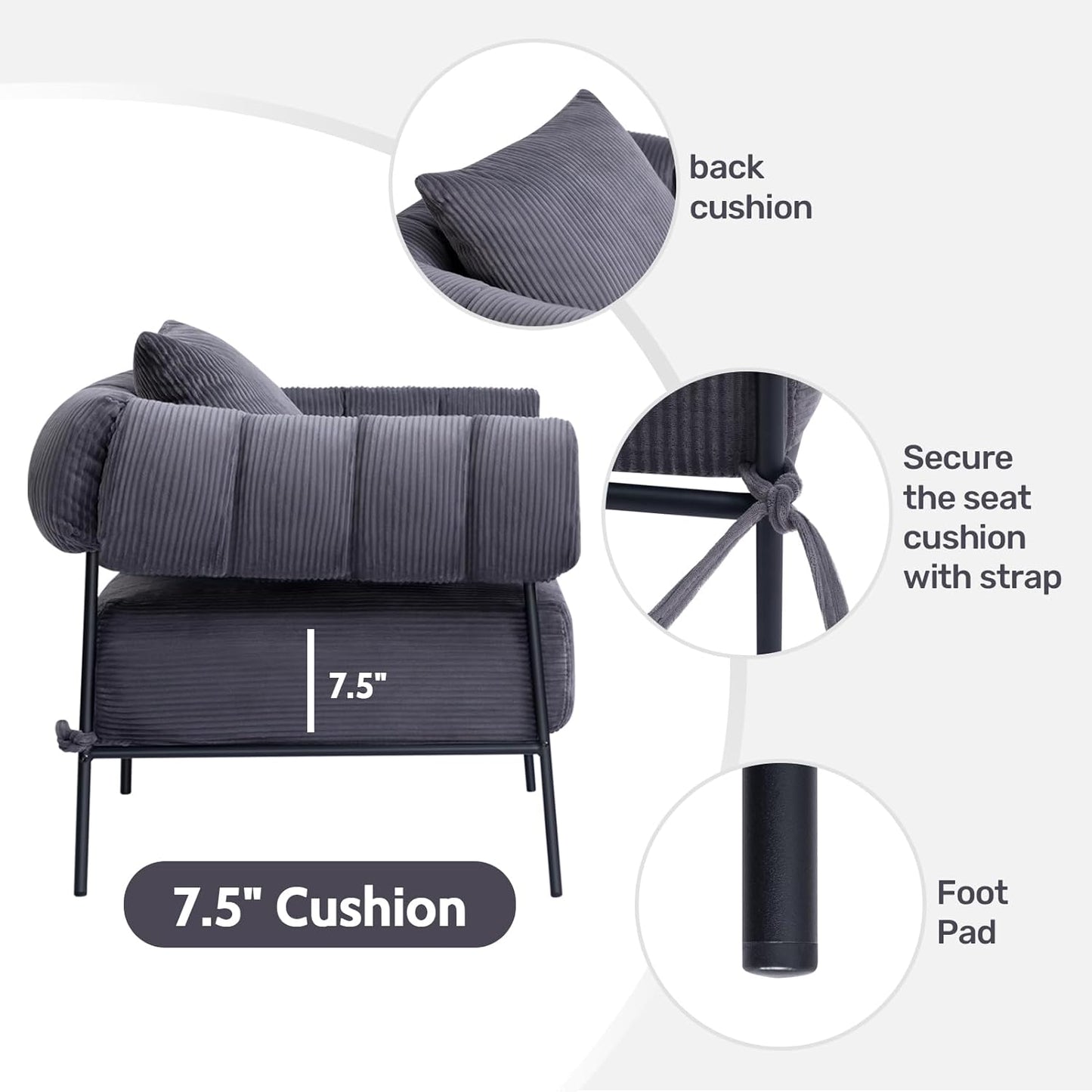 HollyHOME Modern Velvet Accent Chair with Ottoman, Upholstered Comfy Reading Chair and Footstool,Large Lazy Armchair with Stool, Lounge Sofa for Living Room, Bedroom, Dark Grey