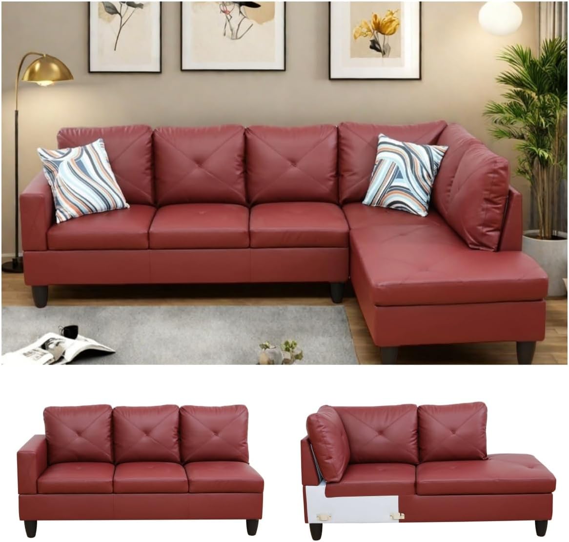 NAYSAYE L Shaped Couch, Leather Modular Sectional Couch with Ottoman Storage, Modern Lounge Sofa Convertible Sectional Couches for Living Room, Apartment, Red