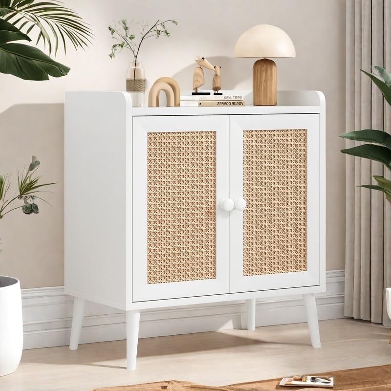 Buffet Cabinet, Rattan Storage Cabinet with Round Pull Rings, Sideboard with Ample Storage, Bar Liquor Shelf with 2 Doors for Living Room, Hallway, White