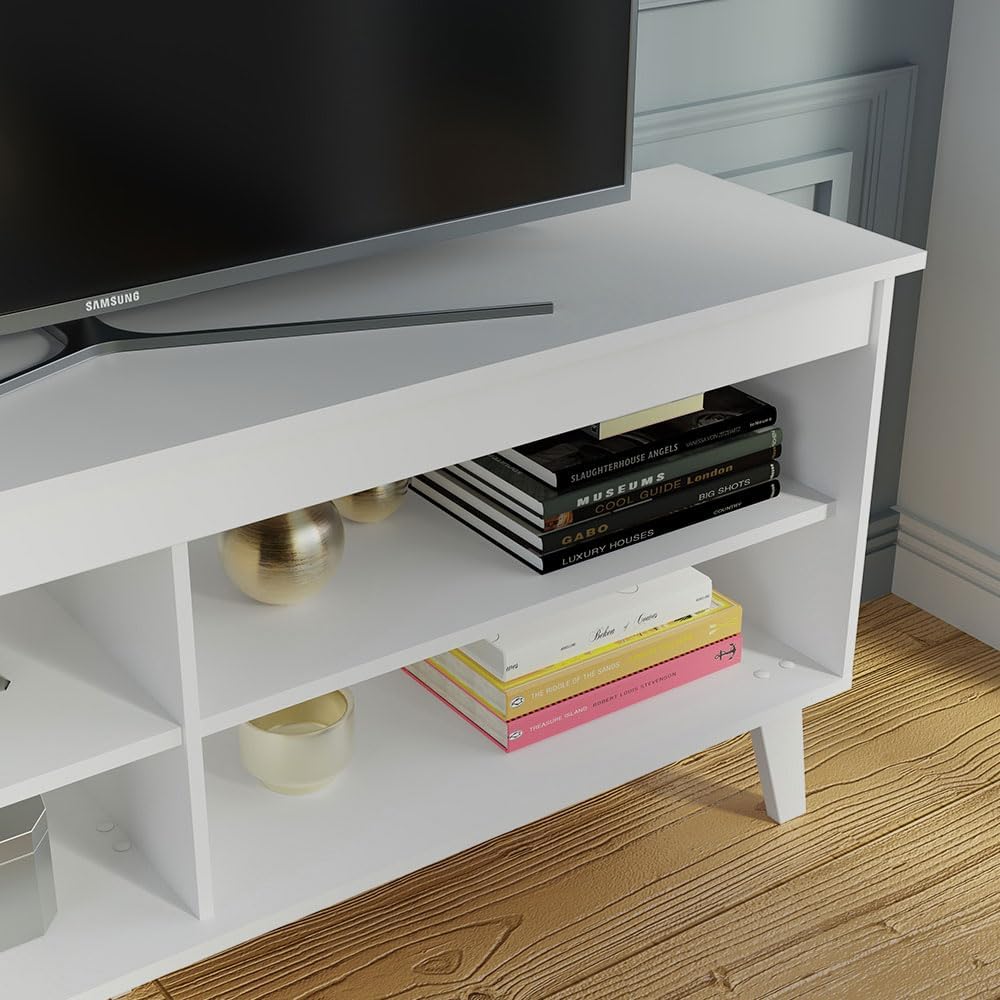 Madesa Compact TV Stand Cabinet with 4 Shelves and Cable Management for 50, 55 Inch TV Media Storage Unit Living Room and Bedroom Modern Wooden Television Media Console - White