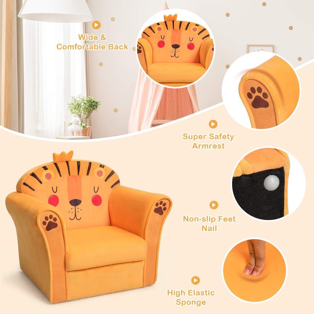 Costzon Kids Couch, Children's Sofa Armrest Chair with Pattern, Toddler Furniture w/Sturdy Wood Construction, Preschool, Lightweight Kids Couch Sofa Chair for Aged 1-5 Boys & Girls Gifts, Lion