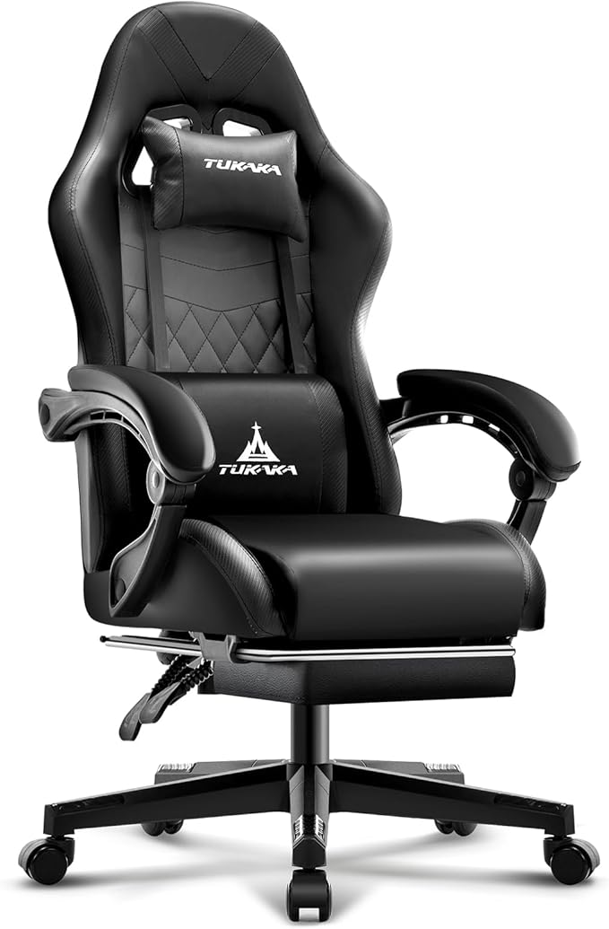 Gaming Chair,Ergonomic Massage Computer Office Desk Chair with Footrest,Pocket Spring Cushion,Reclining Leather Adjustable Gamer Chair with Headrest and Lumbar Support,Black