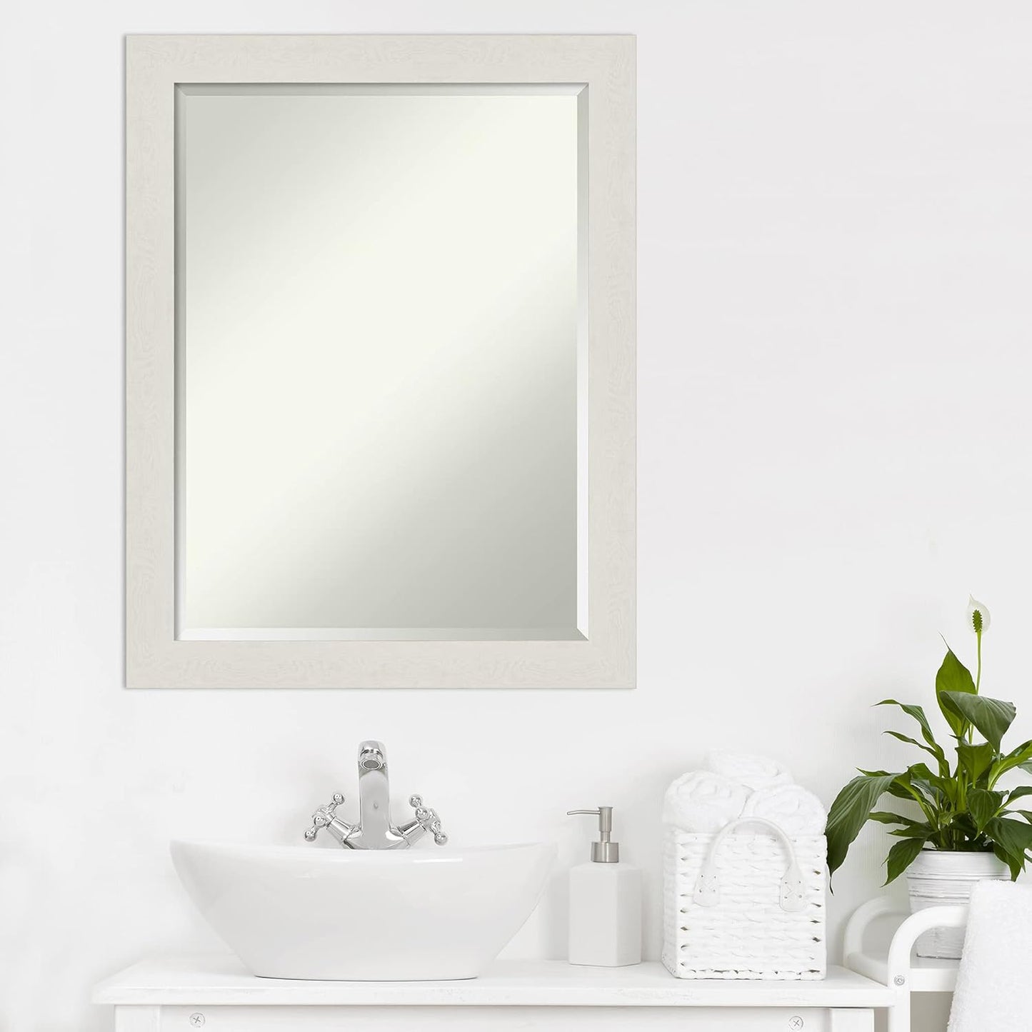 Amanti Art White Bathroom Mirror for Over Sink, 28x22 Rustic Plank White Narrow Rectangle Vanity Mirror, Medium Rustic Farmhouse Frame, Hangs Horizonally and Vertically, Bathroom Wall Decor, Beveled