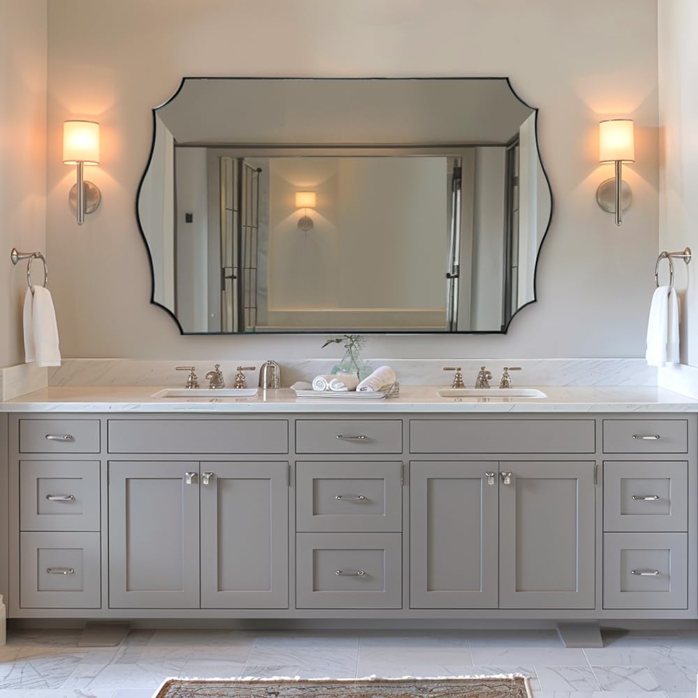 ANDY STAR 30x48 Inch Large Bathroom Mirror, Brushed Nickel Asymmetrical Mirror, Modern Rectangle Mirror with Unique Wavy Design, Premium Stainless Steel Metal, Wall-Mounted Vertically/Horizontally