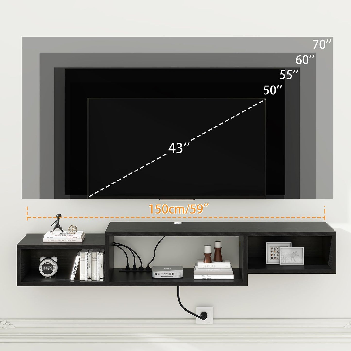 IBUYKE 59" Floating TV Stand Wall Mounted with Power Outlet,Wood Wall Mounted Media Console Shelf,Floating Entertainment Center for Under TV Storage for Living Room Bedroom Office,Black WST007B