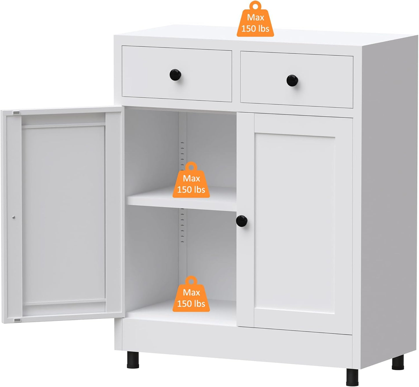 Metal Storage Cabinet with 2 Drawers and Adjustable Shelf, Sideboard Buffet Cabinet for Home, Office, Hallway, Entryway, Living Room, Kitchen Pantry and Dining Room (34.8" H, with Feet, White)