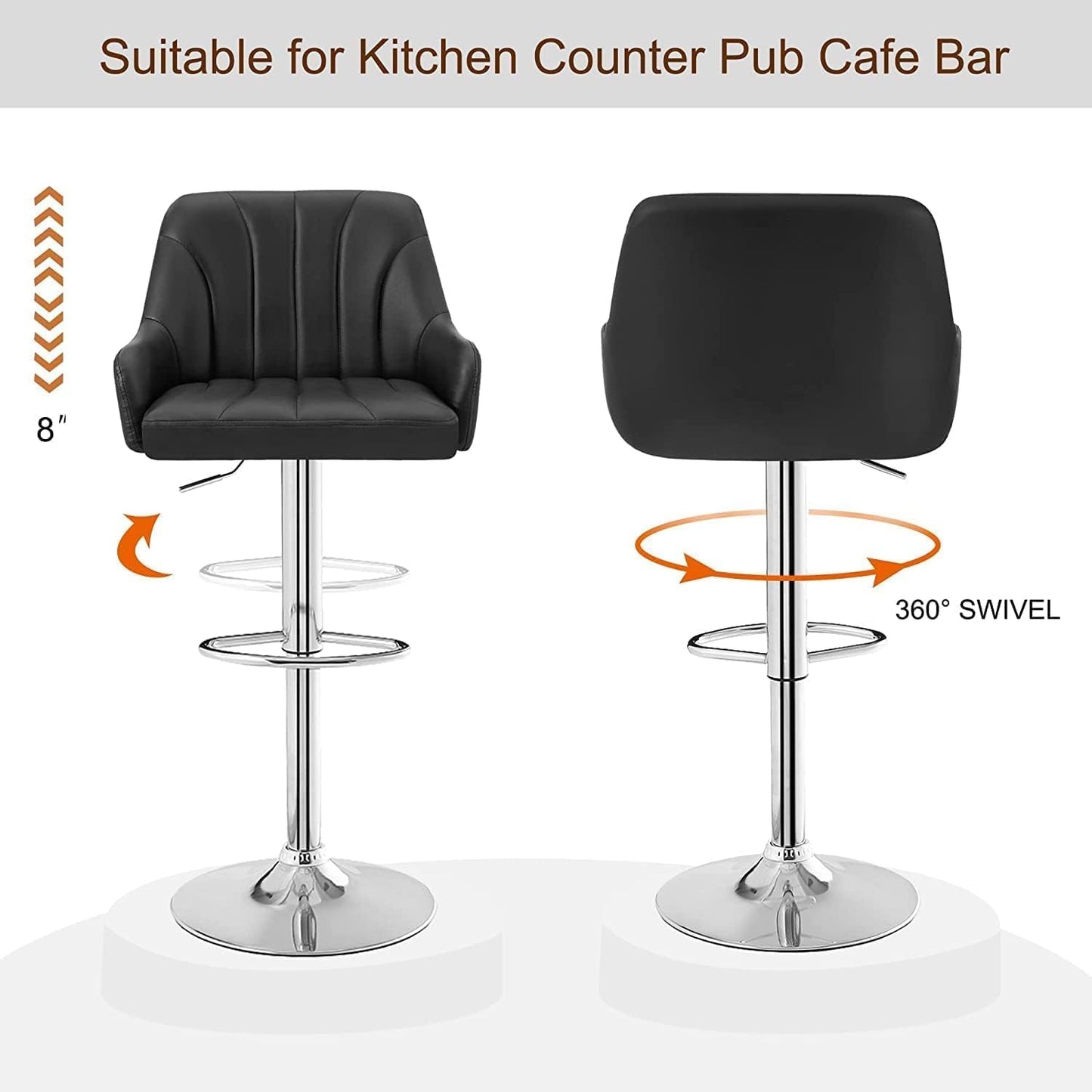 VECELO Bar Stools Set of 2, Adjustable Barstools, Counter Height Stools with Back and Arm, Kitchen Island Stools, Swivel PU Leather Stools, Modern Style, PU Black