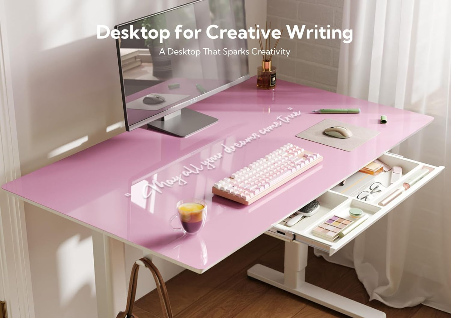 INNOVAR Glass Standing Desk with Drawers, Adjustable Height Electric Stand Up Desk, Small Standing Desks with Storage, 40 inch, Morandi Powder