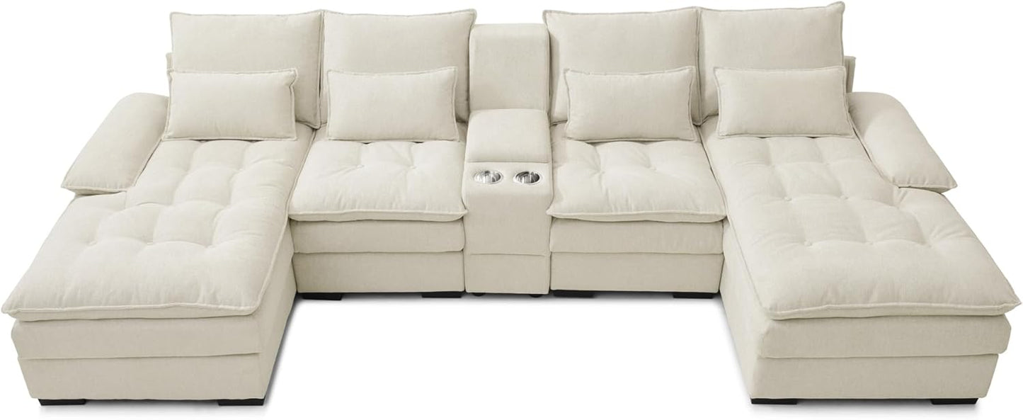 130" U-Shaped Sectional Sofa with Storage Console & Cup Holders, Upholstered 6 Seat Living Room Sleeper Couch Furniture Set w/Chaise, Cloud Cushion Couch for Home, Office, Apartment,Beige