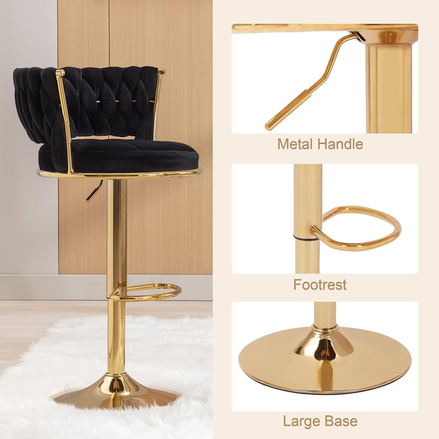 VECELO Bar Stools Set of 4, Modern-Contemporary Velvet Woven Counter Height Stools with Back and Arms, 360 Swivel Bar Chair, Black
