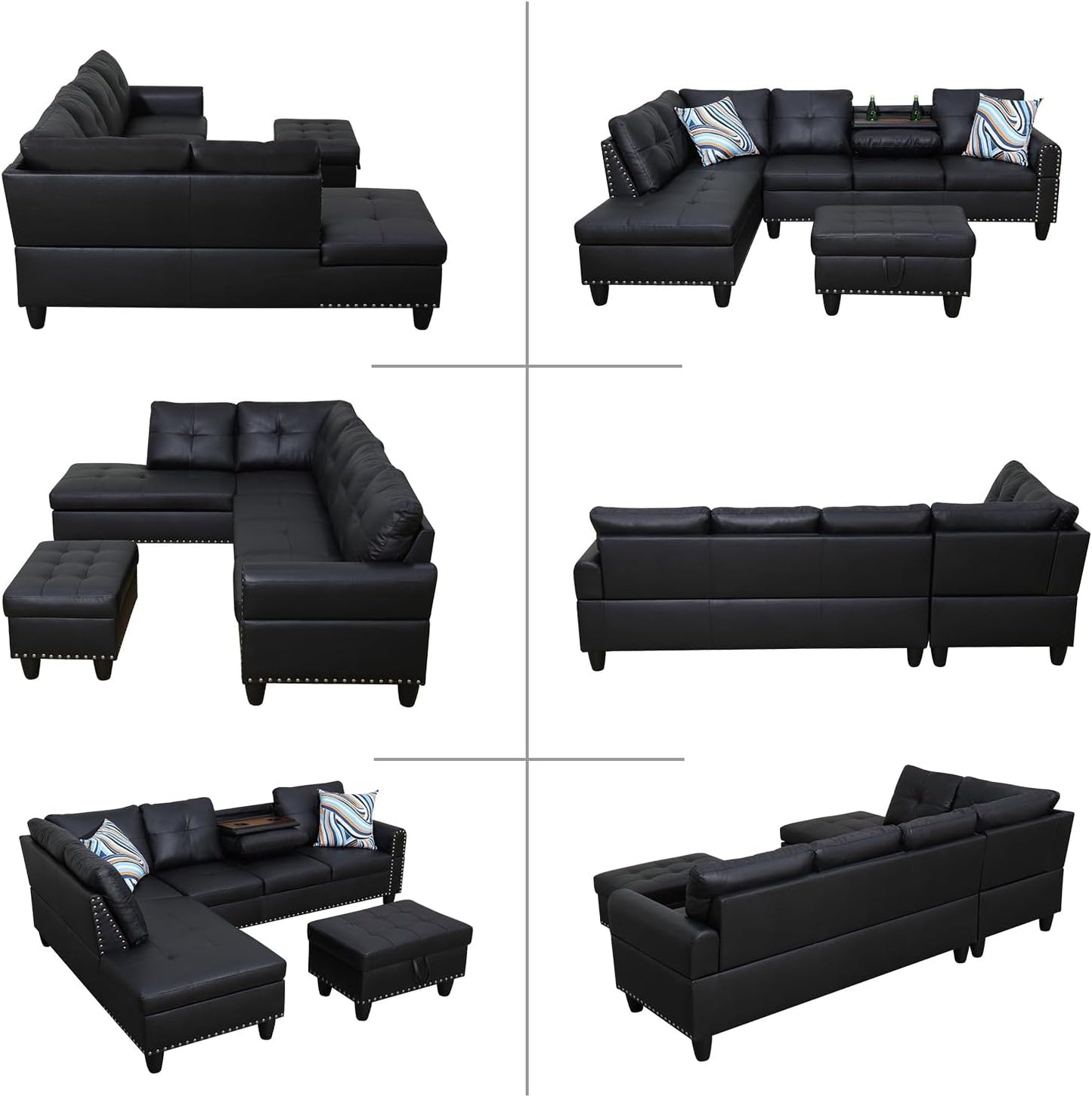 L Shaped Modular Sectional Sofa with Reversible Chaise Lounge, 5-Seater Corner Couch, PU Leather Convertible Sofá w/Movable Ottoman, Cup Holders, 2 Pillows and Rivet Ornament for Living Room