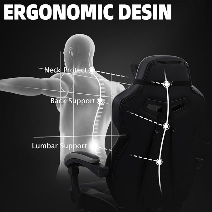 Vonesse Gaming Chair, High Back Gaming Chair with Footrest and Massage, Gaming Chairs for Adults with Pocket Spring Cushion, Big and Tall Reclining Computer Chair with Lumbar Support (Grey/Black)