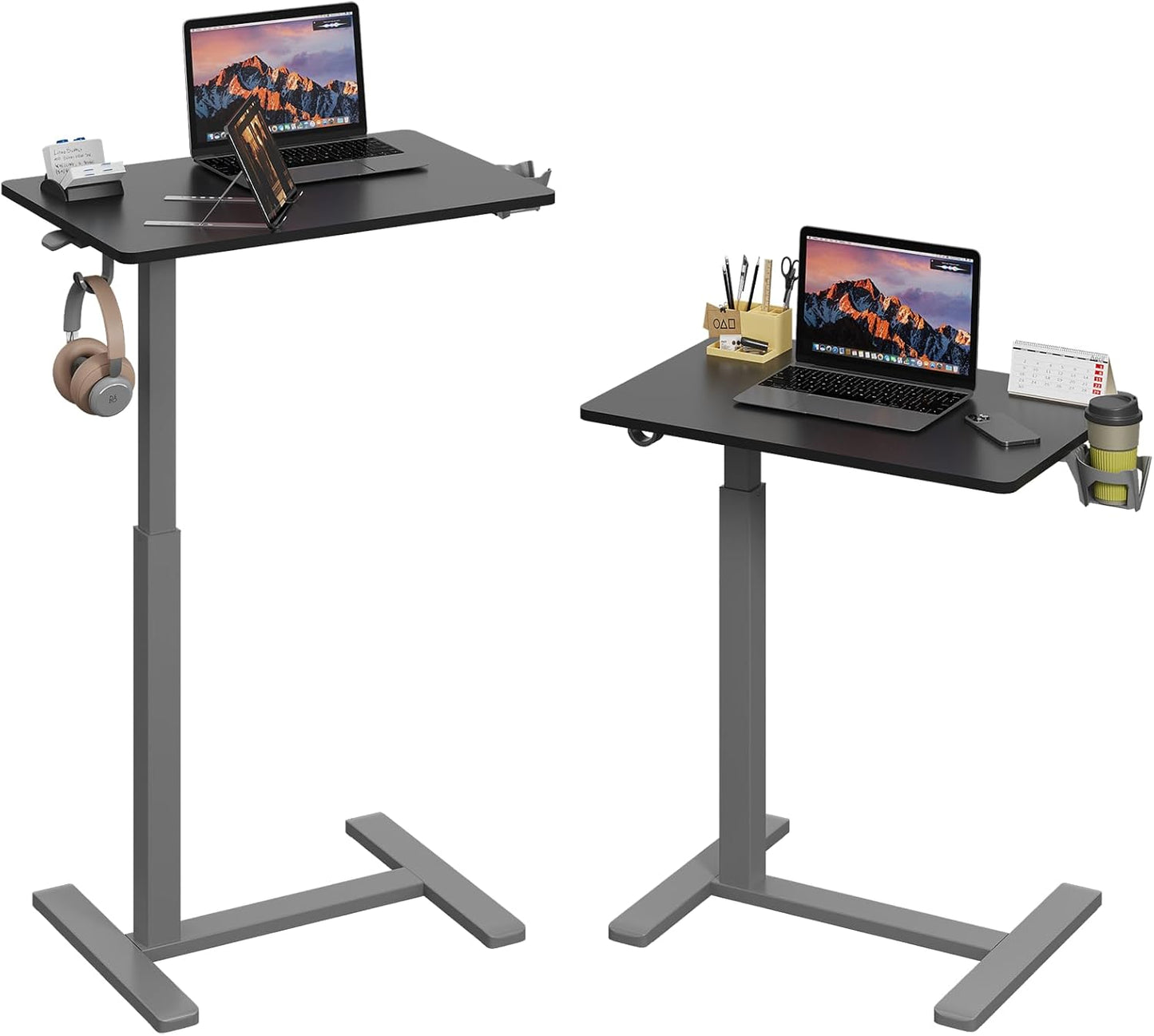 Gas Spring Adjustable Height Rolling Portable Laptop Desk, Mobile Standing Desk on Wheels, Small Sit Stand Desk with Laptop Stand/Cup Holder/Hook (Black Top + Gray Frame, 26"x19")