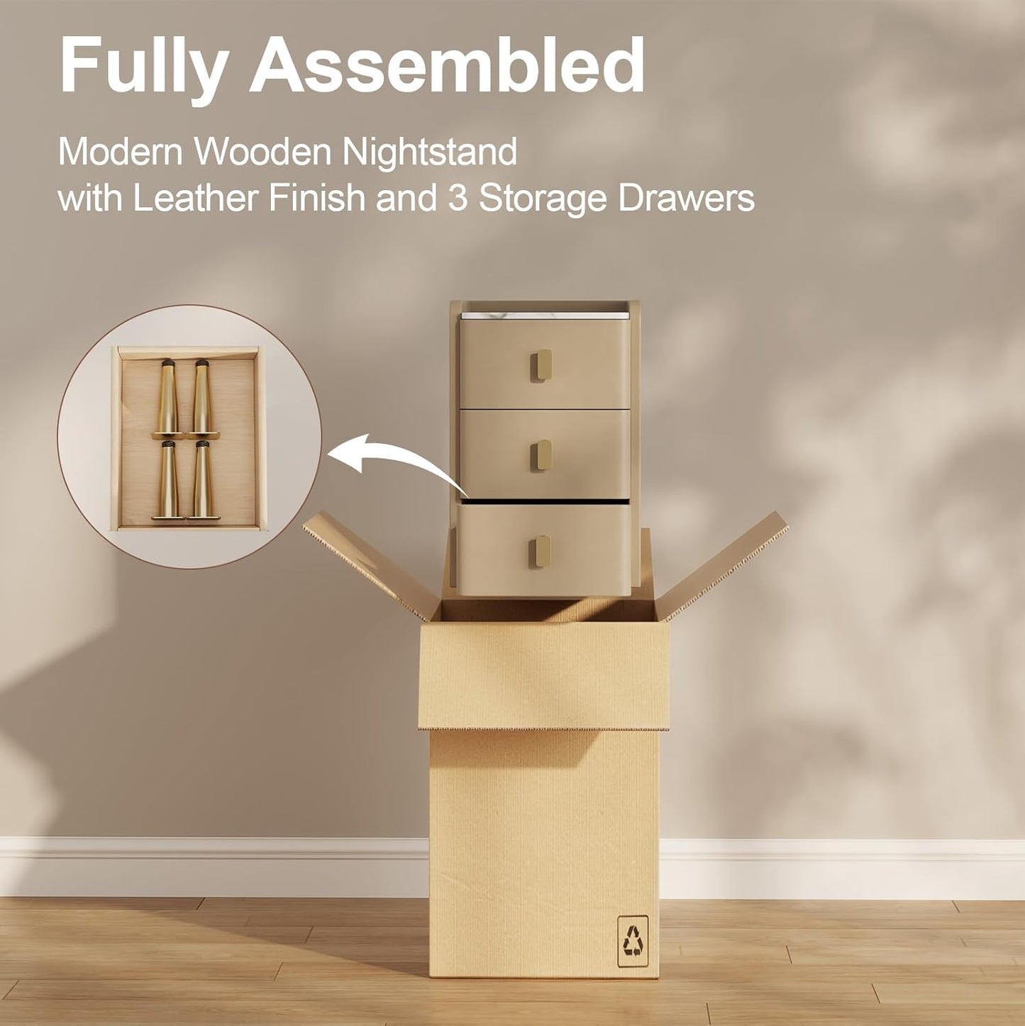 Narrow Nightstand with Drawers, Narrow Side Table Leather, Small Bedside Tables for Bedroom. (Beige)