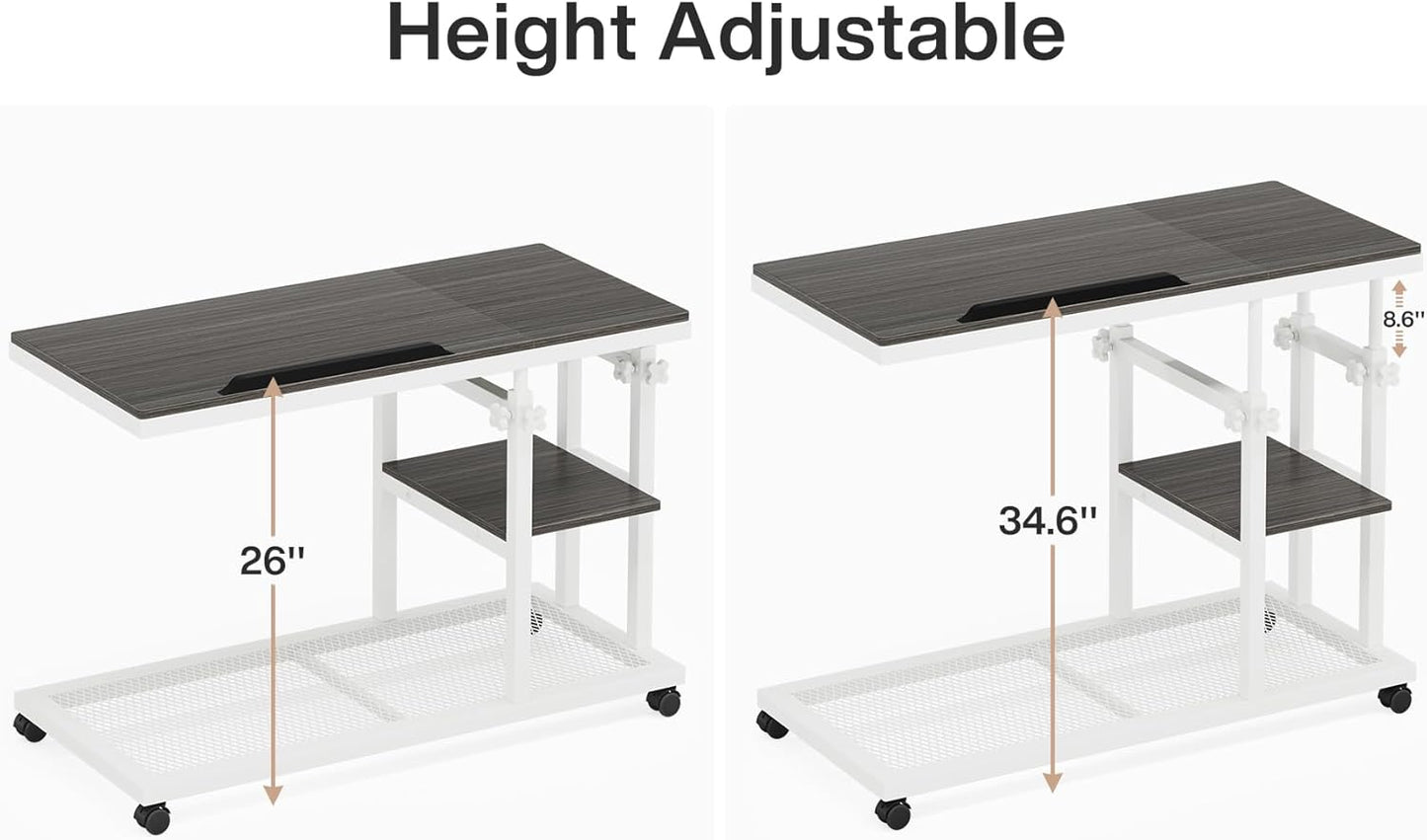 Tribesigns Height Adjustable C Table with Wheels, Mobile Couch Snack Side Table with Tiltable Drawing Board, Sofa Bedside Laptop Stand C Shaped TV Tray with Storage Shelves (Grey+White)