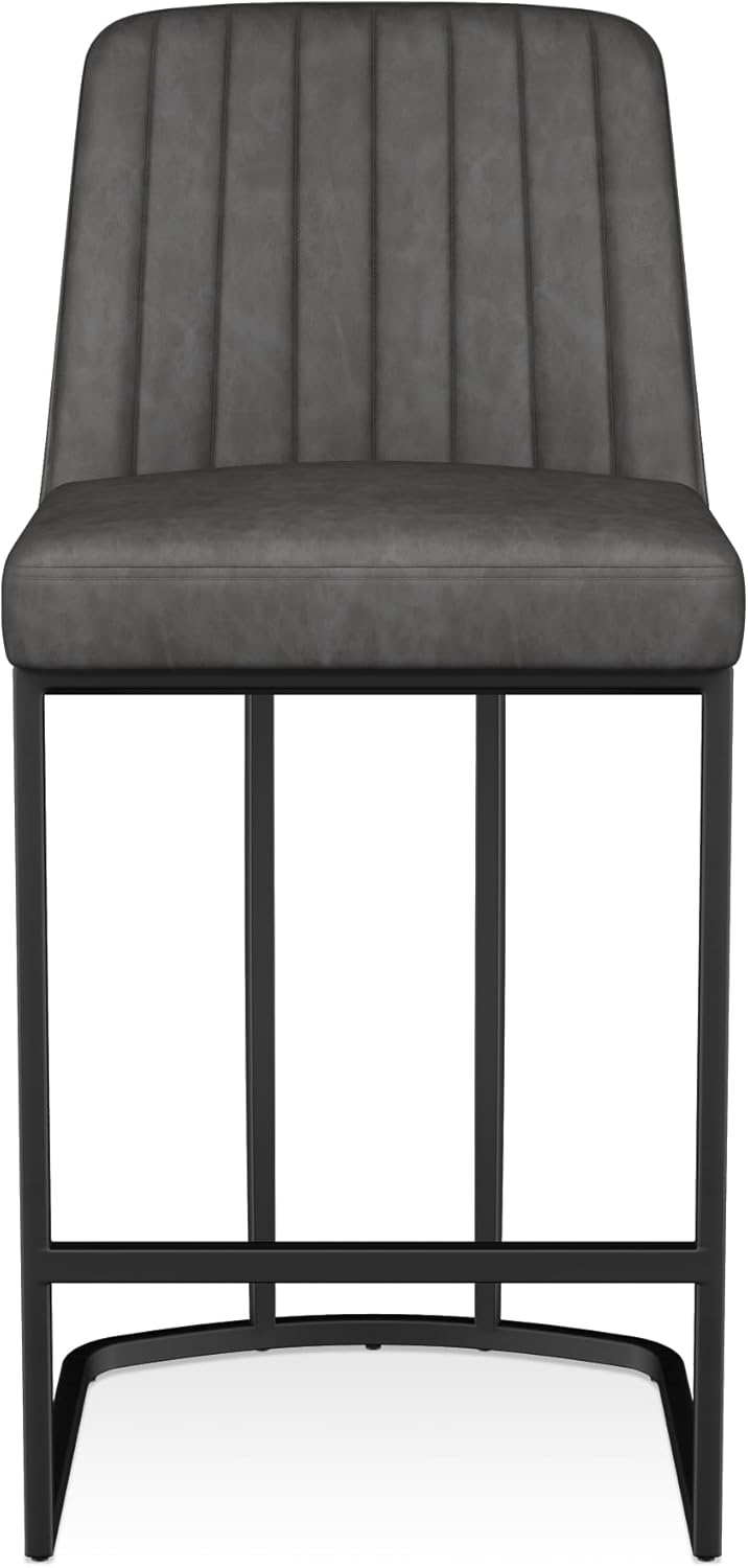 Bar Stools Set of 6, Faux Leather Counter Height Barstools, Upholstered Kitchen Counter Stools with Back and Stitching, 25.6" H Kitchen Island Stools Bar Chair, Metal Framed, Black Grey