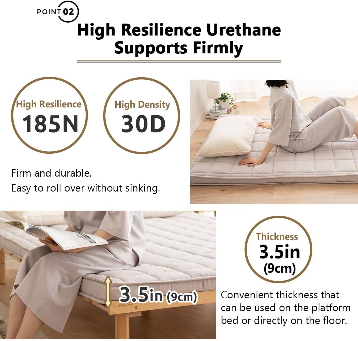 EMOOR Japanese Padded Futon Mattress Machi Queen Gray, Gusset Foldable Storable Elastic Bands Floor Sleeping Guest Bed Tatami Mat