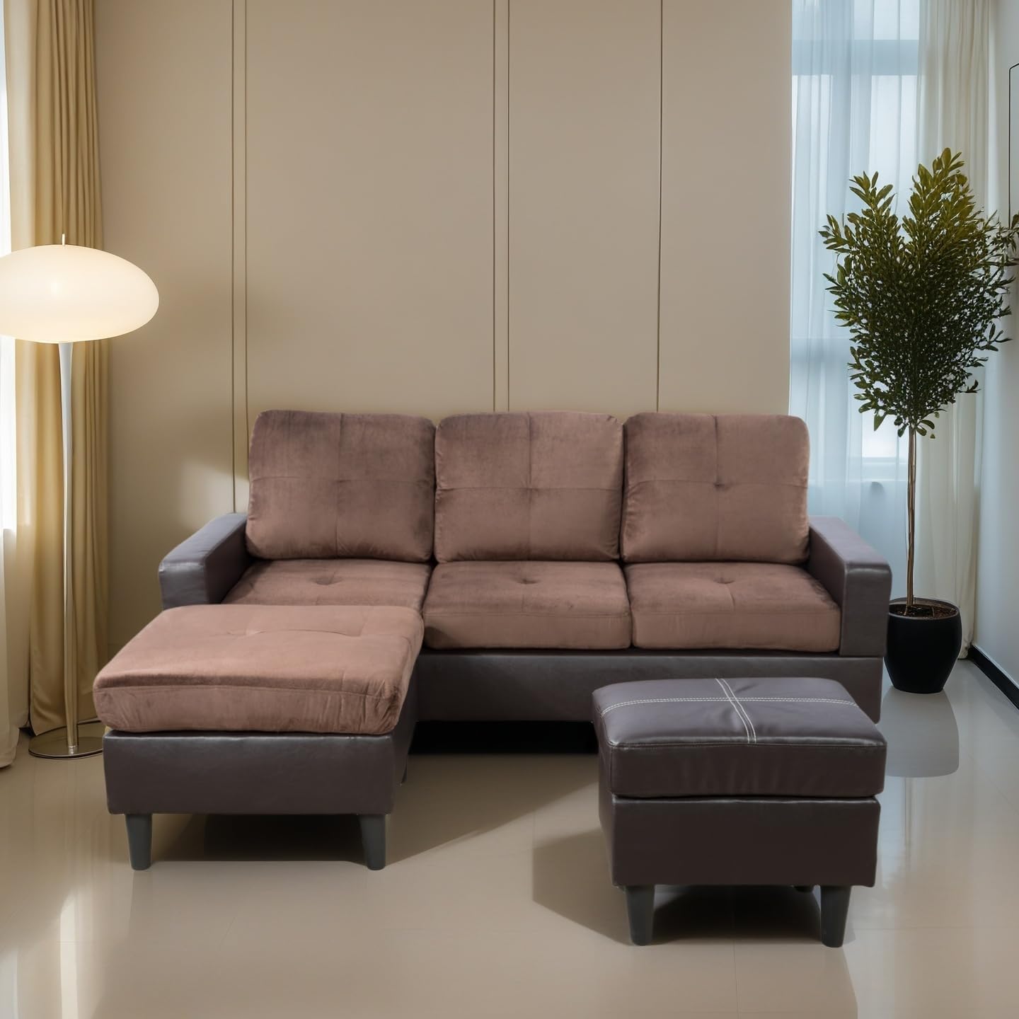 L Shaped Sofa with Ottoman, Modern Faux Leather Couch with Chaise, 3 Seat Living Room Sofa Set with Solid Wood, for Home, Apartment, Study Room, Brown Chocolate