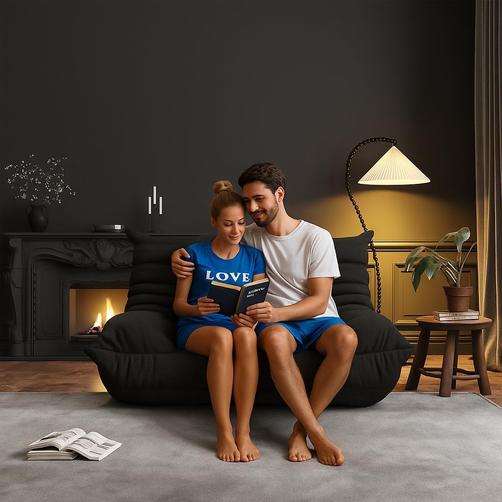 Bean Bag Chairs for Adults, Memory Foam Couch Loveseat Sofa Chair, Soft Teddy Material Cozy Comfy Reading Nook Chairs, Floor Chair for Living Room Bedroom Office(Black)