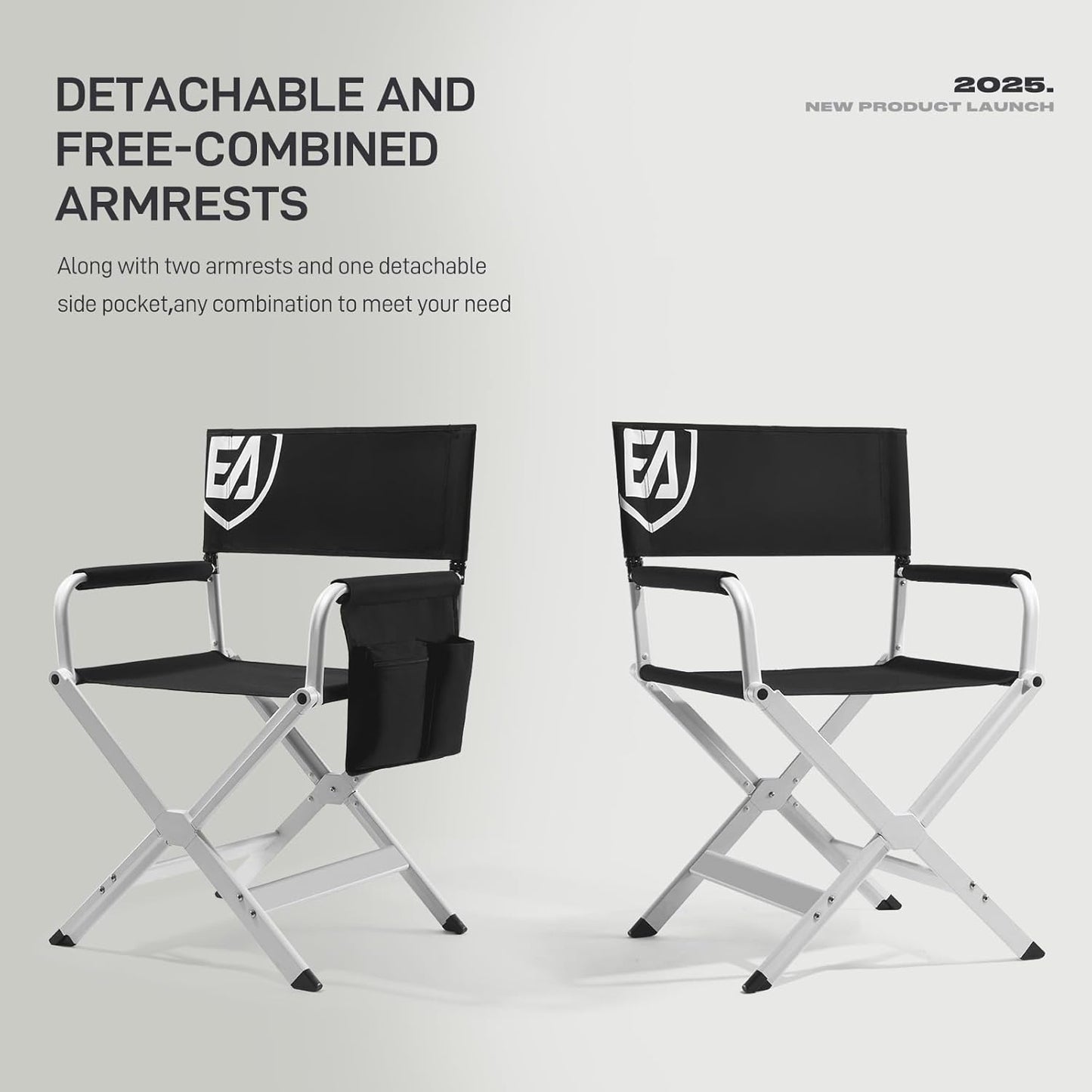 EVER ADVANCED Aluminum Directors Chair, Folding Studio Movie Chairs Camping Event Vendor Chair, 19" Seat Height Black Fabric/White Frame, Support 350lbs