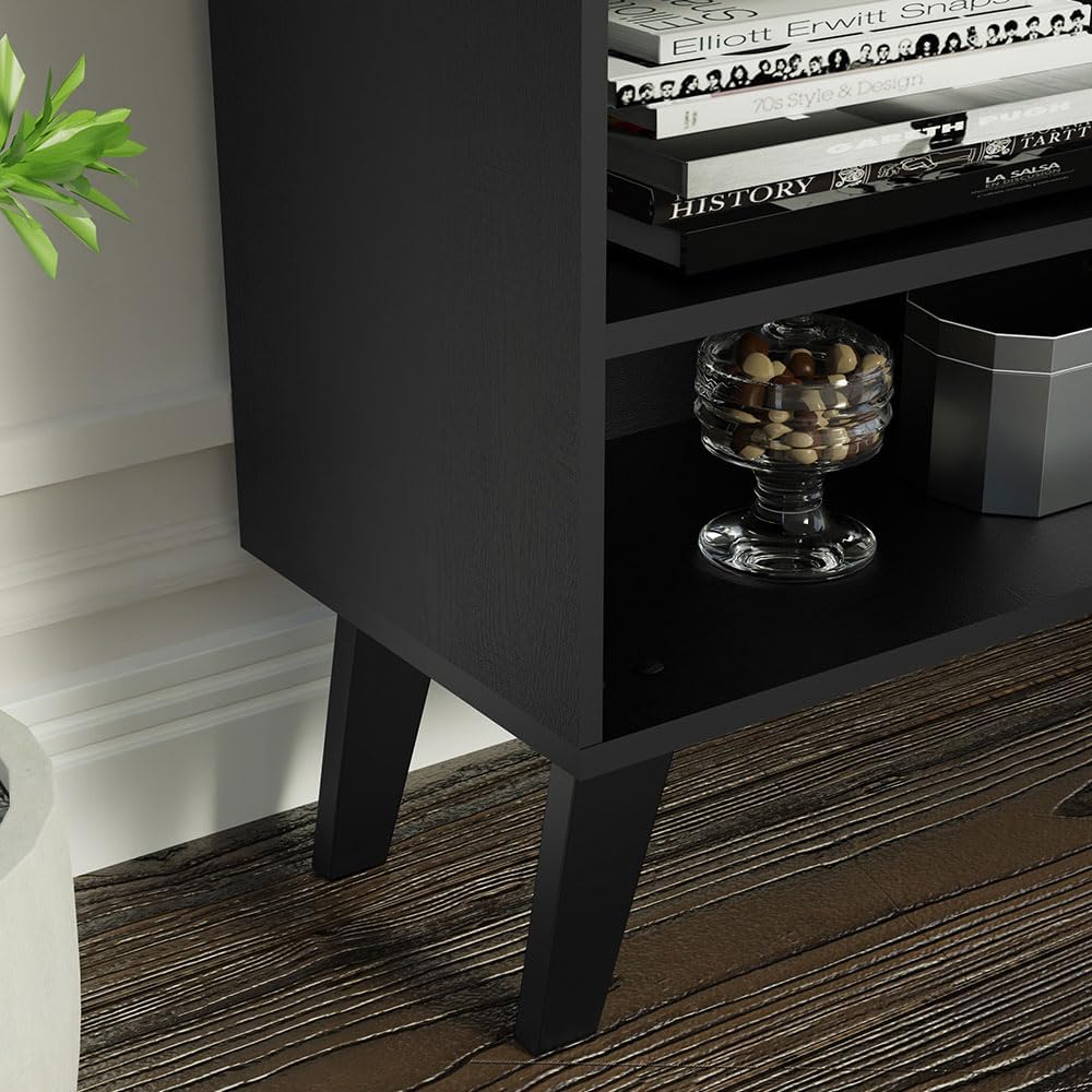 Madesa Compact TV Stand Cabinet with 4 Shelves and Cable Management for 50, 55 Inch TV Media Storage Unit Living Room and Bedroom Modern Wooden Television Media Console - Black