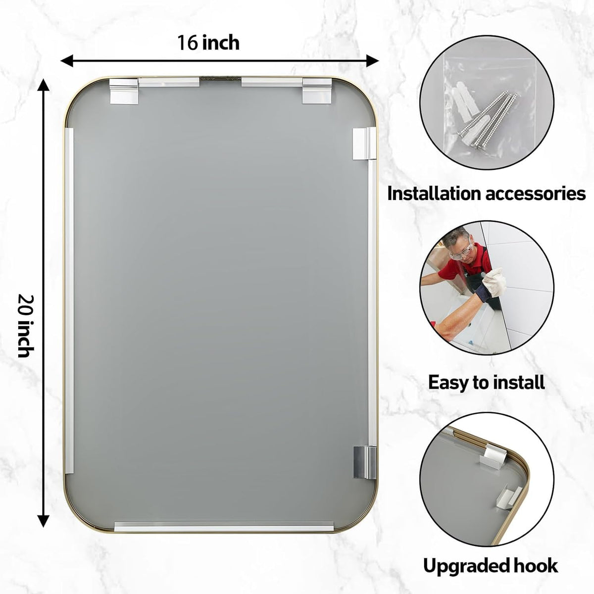 16x20 Inch Gold Bathroom Mirror, Brushed Brass Gold Metal Framed Rectangular Mirror with Rounded Corner, Bathroom Vanity Mirror for Bedroom or Living Room, Horizontal/Vertical