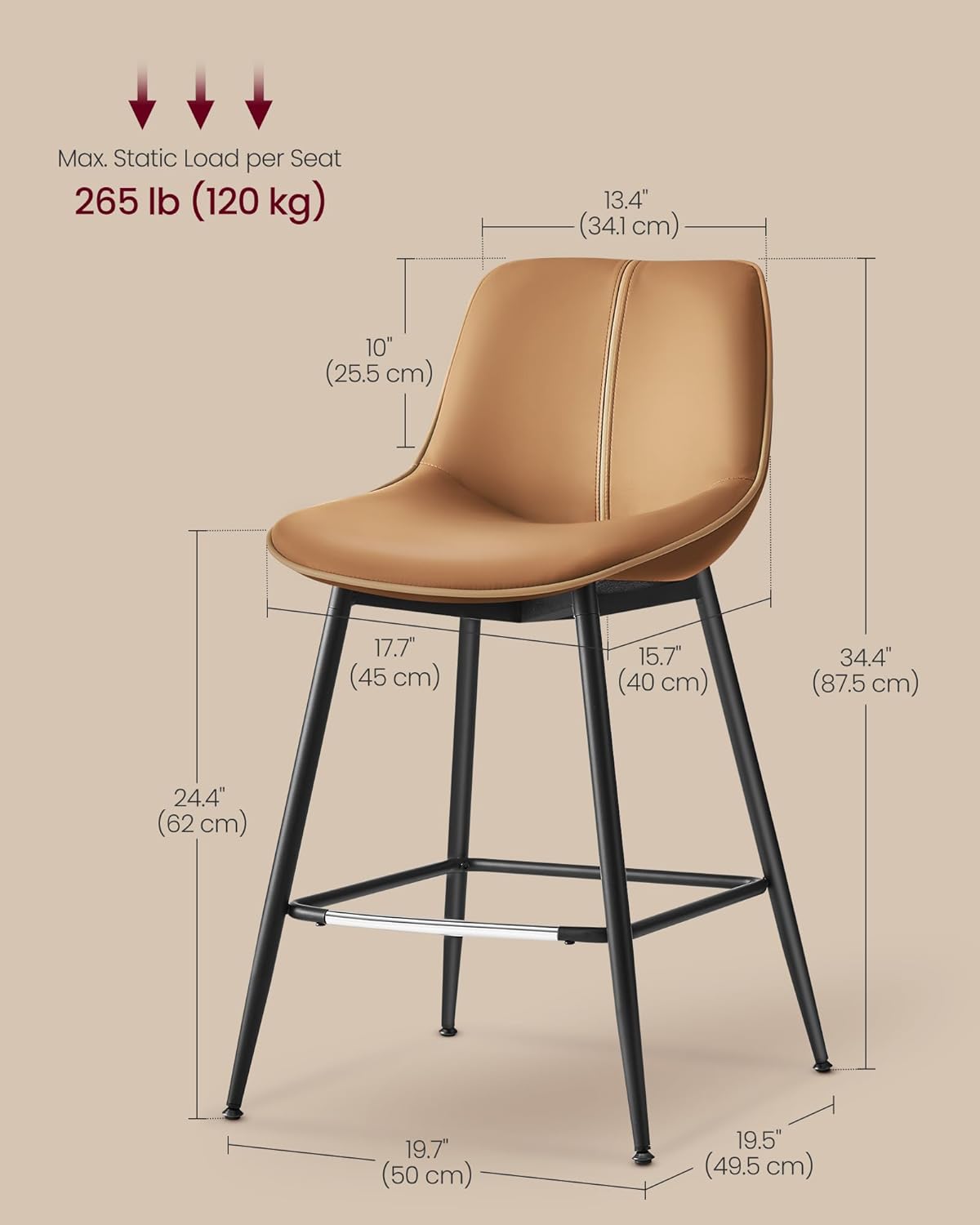 VASAGLE Bar Stools Set of 2, Counter Height Bar Stools with Back, Ergonomic Backrest, Synthetic Leather, Metal Legs, 24.4-Inch Tall Barstools for Kitchen Island Home Bar, Easy Assembly, Caramel Brown