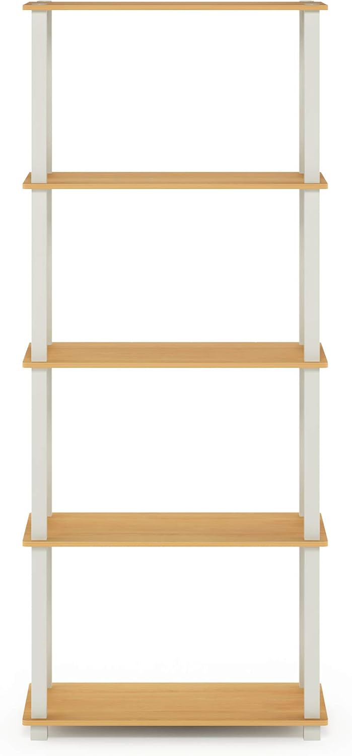 Furinno Turn-N-Tube 5-Tier Multipurpose Shelf / Display Rack / Storage Shelf / Bookshelf, Square Tubes, Beech/White