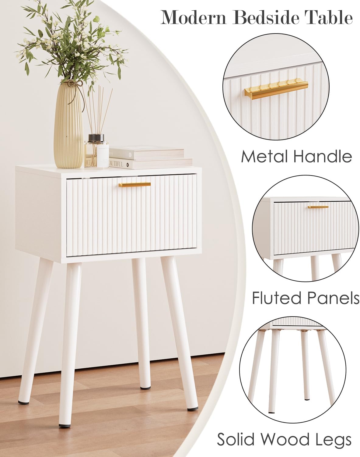 Night Stand, White Nightstand with Fluted Door, Small Modern Mid-Century Bedside Table for Bedroom, End Table for Living Room