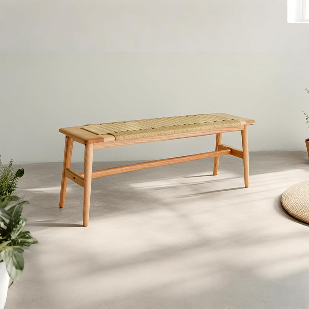 OOKSEN Entryway Bench, Solid Wood Dining Bench, 31.5" Wooden End of Bed Benches, Midcentury Modern Bedroom Benches Stool with Hand-Woven Rope for Kitchen Living Room Hallway