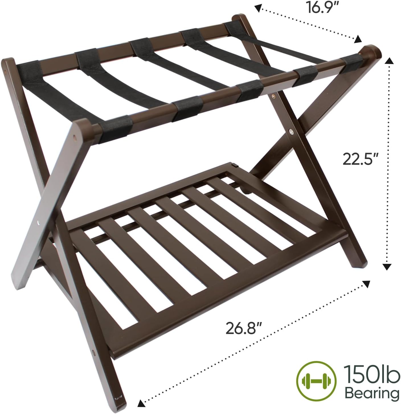Fully Assembled Bamboo Luggage Rack, Folding Suitcase Stand with 5 Nylon Straps, Luggage Holders with Shelf, Ideal for Guest Room, Bedroom, Hotel, Espresso