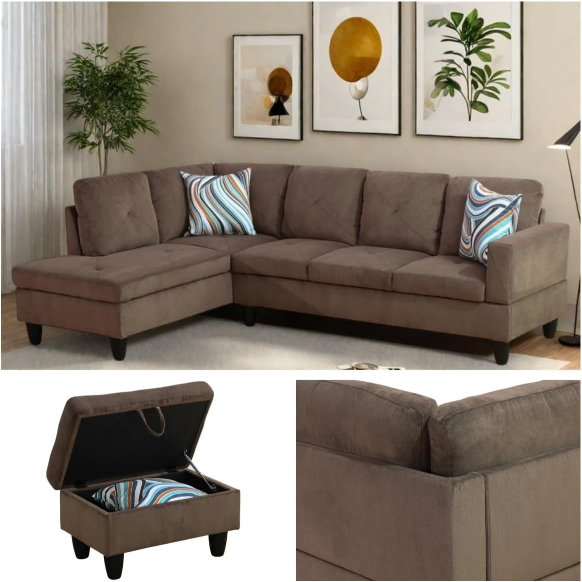 NAYSAYE L Shaped Couch, Modular Sectional Couch with Ottoman Storage, Modern Lounge Sofa Convertible Sectional Couches for Living Room, Apartment, Brown