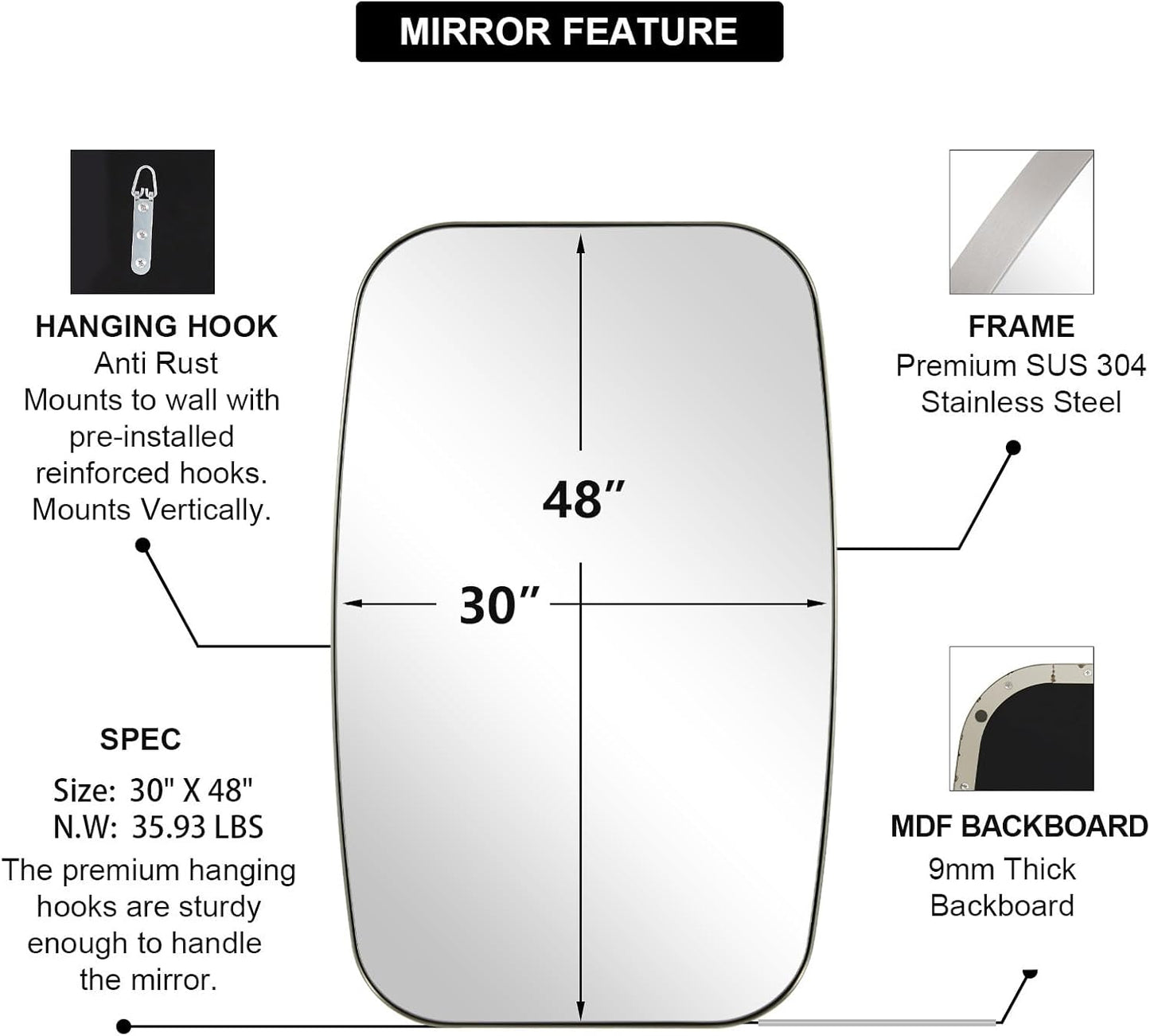 ANDY STAR Brushed Nickel Mirror, 30x48’’ Brushed Nickel Bathroom Oval Mirror with Stainless Steel Metal Frame, Silver Oblong Mirrors Wall Mounted for Bedroom, Living Room Decor