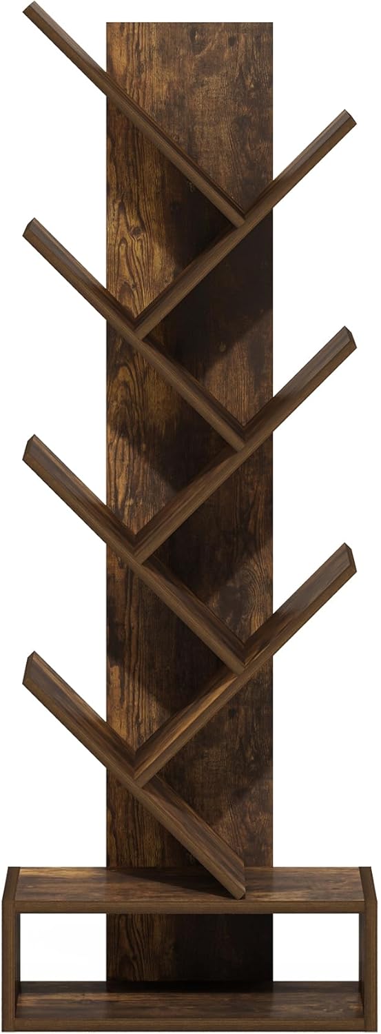 Furinno Tree Bookshelf 7-Tier Floor Standing Tree Bookcase with Bottom Shelf, Amber Pine