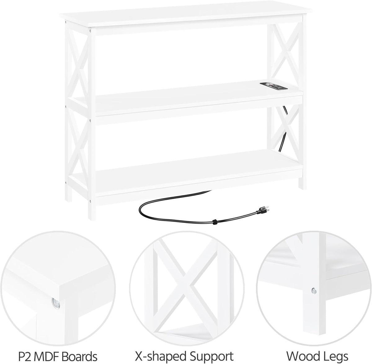 Yaheetech Entryway Table with Storage Shelves, Console Table with Power Outlets and USB Ports, Wood Narrow Sofa Tables with X-Shaped Design for Living Room/Hallway/Couch, White