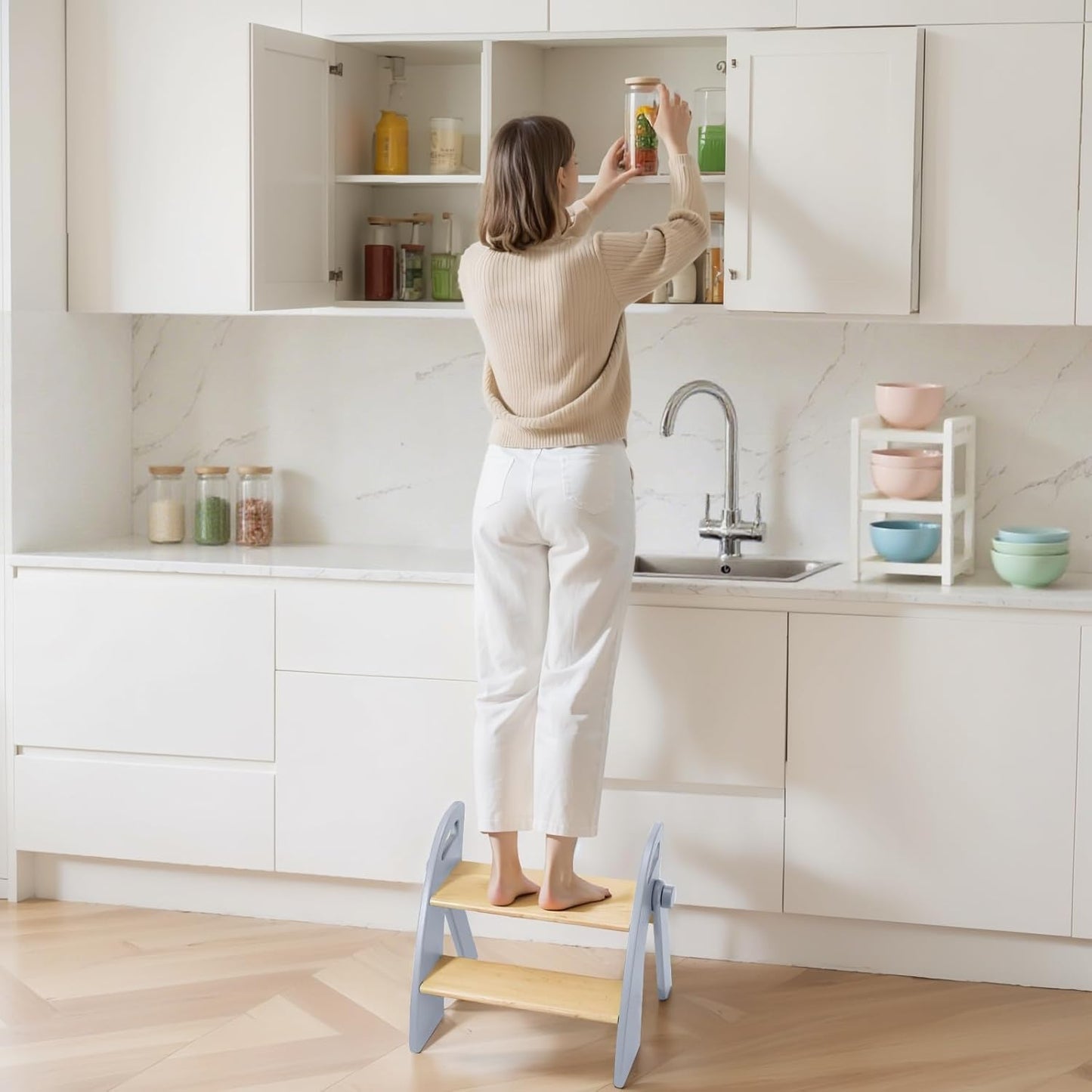 Wooden 2 Step Stool for Kids Bathroom Sink Foldable Anti-Slip 2-Step for Toilet Potty Training, Child Stepping Stool for Kitchen Nursery Bedroom, Sturdy Non Slip Adult Stool for Closet Blue