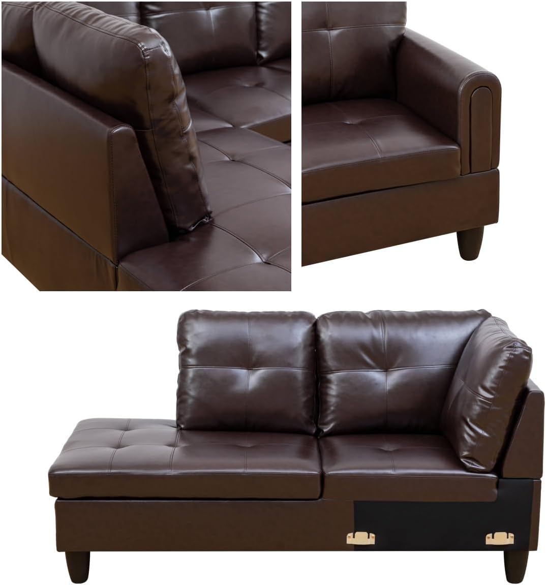 Convertible Leather Sectional Couch, Modern L Shaped Couch with Storage, Large Modular 5-Seat Sectional Sofa with Ottomans for Living Room and Office, Brown