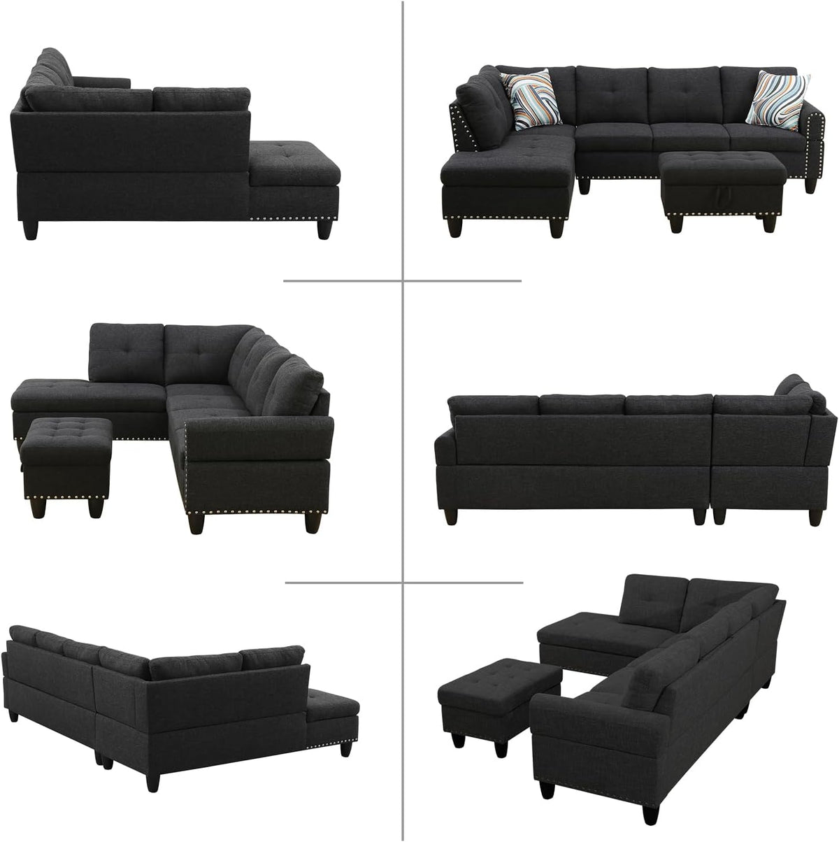 L Shaped Modular Sectional Sofa with Reversible Chaise Lounge, 5-Seater Corner Couch, Linen Upholstery Convertible Sofá w/Movable Ottoman, Cup Holders, 2 Pillows and Rivet Ornament for Living Room