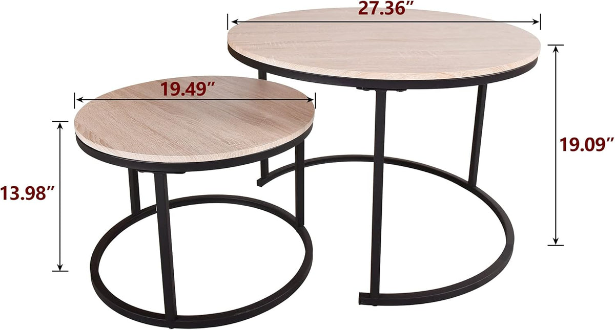 Industrial Round Coffee Table Set of 2 End Table for Living Room,Stacking Side Tables, Sturdy and Easy Assembly,Wood Look Accent Furniture with Metal Frame,Black+Teak Oak