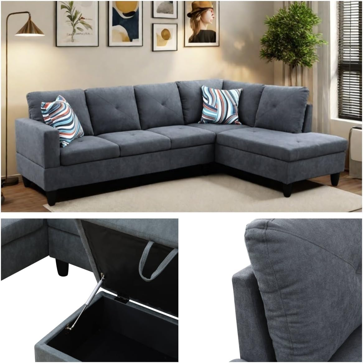 NAYSAYE L Shaped Couch, Modular Sectional Couch with Ottoman Storage, Modern Lounge Sofa Convertible Sectional Couches for Living Room, Apartment, Dark Grey