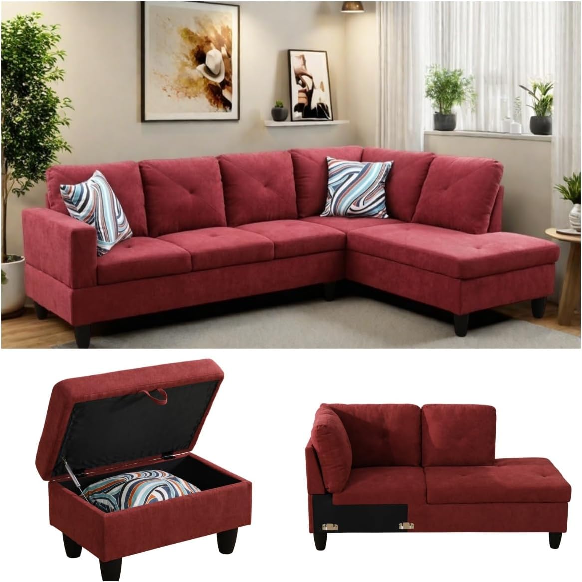 NAYSAYE L Shaped Couch, Modular Sectional Couch with Ottoman Storage, Modern Lounge Sofa Convertible Sectional Couches for Living Room, Apartment, Red