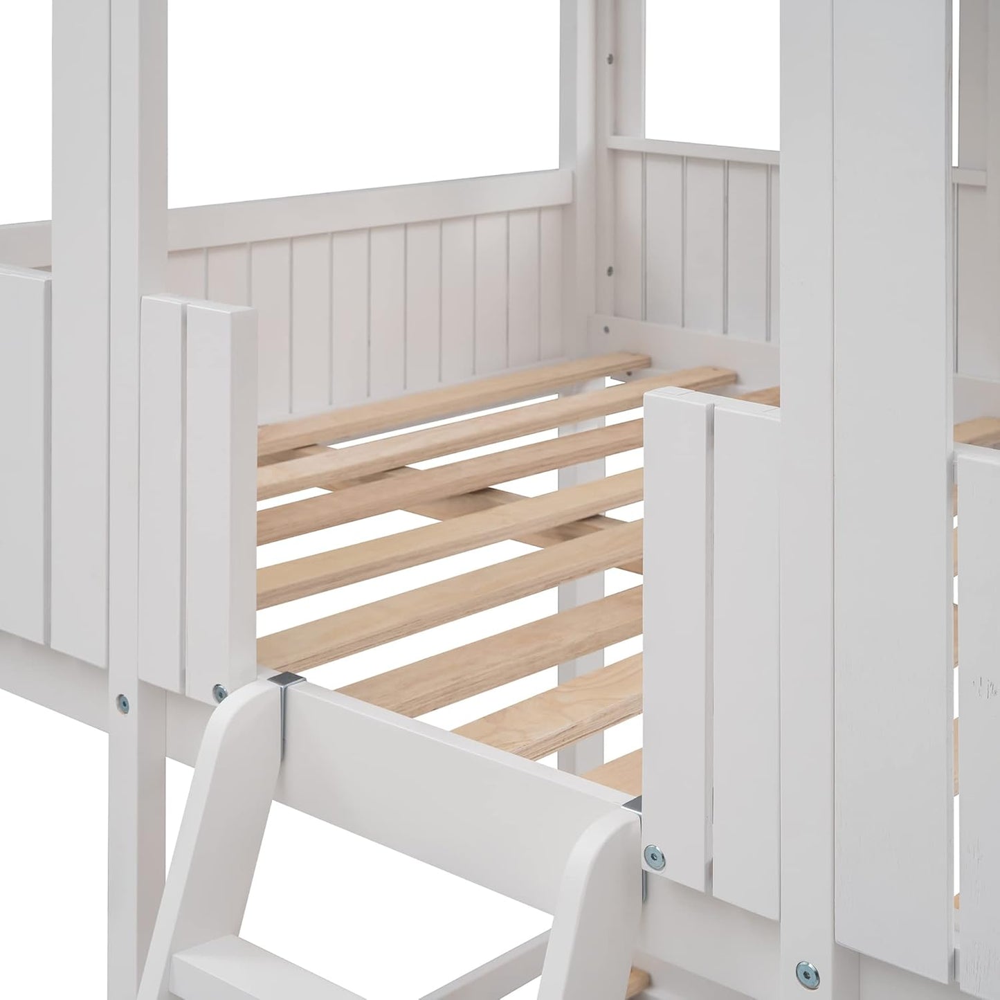Ball & Cast Full Over Full Size Playhouse Bunk Bed with Roof and Window,Wood Bunkbed w/Full-Length Guard Rail & Ladder,Slat Support,Space Saving,Bedroom Furniture for Student Dorms,White