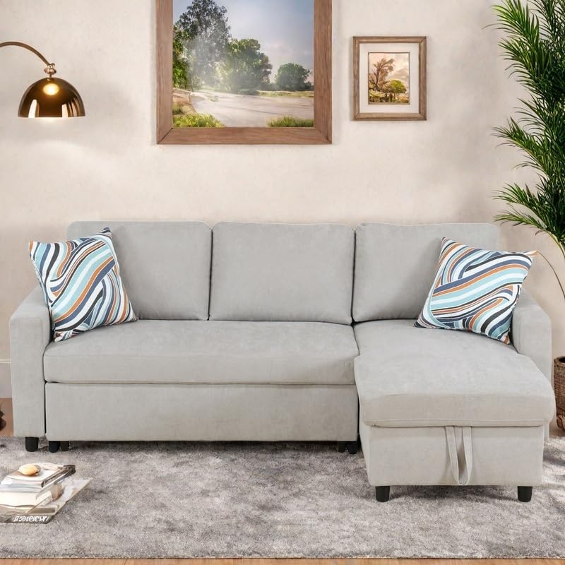 Sofa Bed Pull Out Couch, Convertible L Shaped Sleeper Sofa with Storage Chaise, Modern Lounge Small Sectional Couches for Living Room Small Spaces, Grey