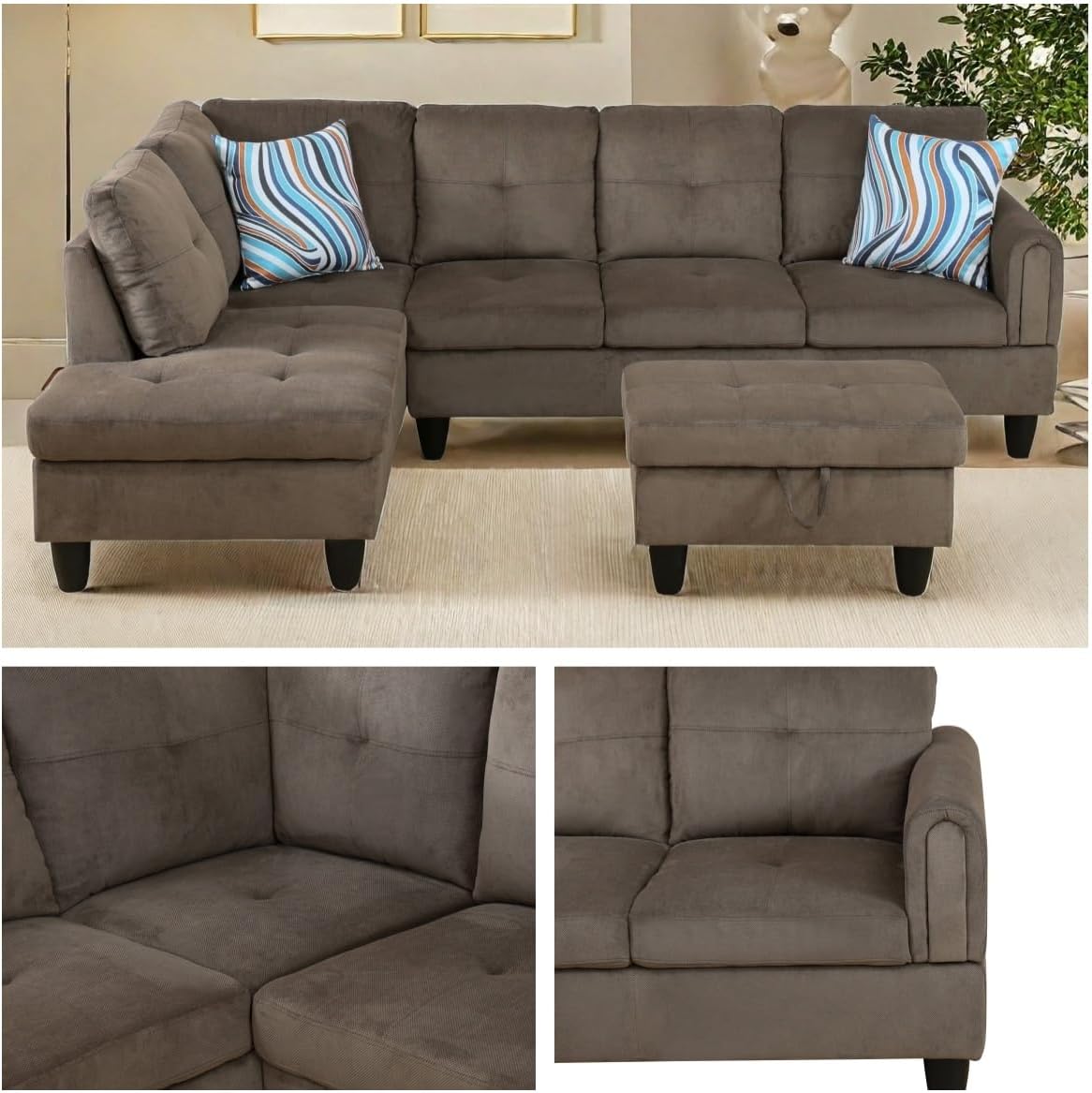 NAYSAYE Sectional Couch with Ottoman Storage, L Shaped Couch Sofa Furniture Sets, Modern Comfy Modular Comfy Sofa for Living Room Bedroom, Office and Apartment, Brown