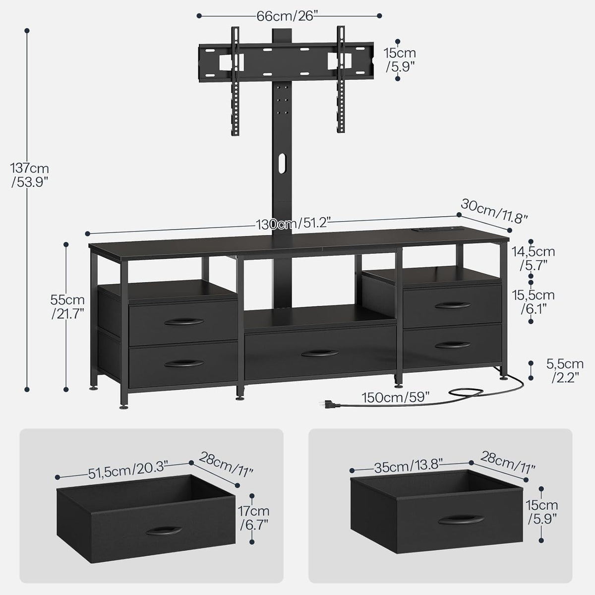 HOOBRO TV Stand with Mount and Power Outlet, for 32/45/55/60/65 inch TVs, Swivel Led Entertainment Center with Drawers, Adjustable Media Console for Living Room, Bedroom, Black BB130UDDS01