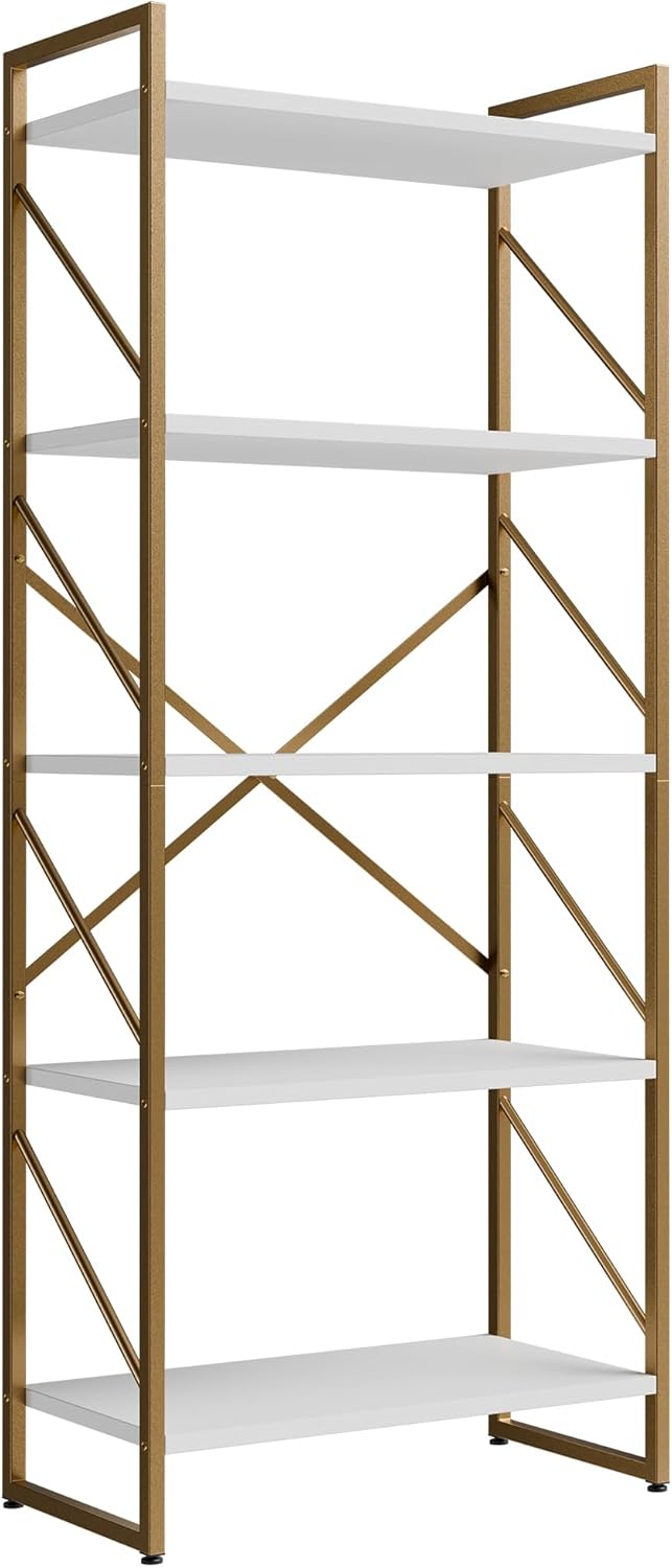 Shintenchi 5 Tiers Bookshelf, Classically Tall Bookcase Shelf,Industrial Book Rack,Modern Book Holder in Bedroom/Living Room/Home/Office, Storage Rack Shelves for Books/Movies,Gold